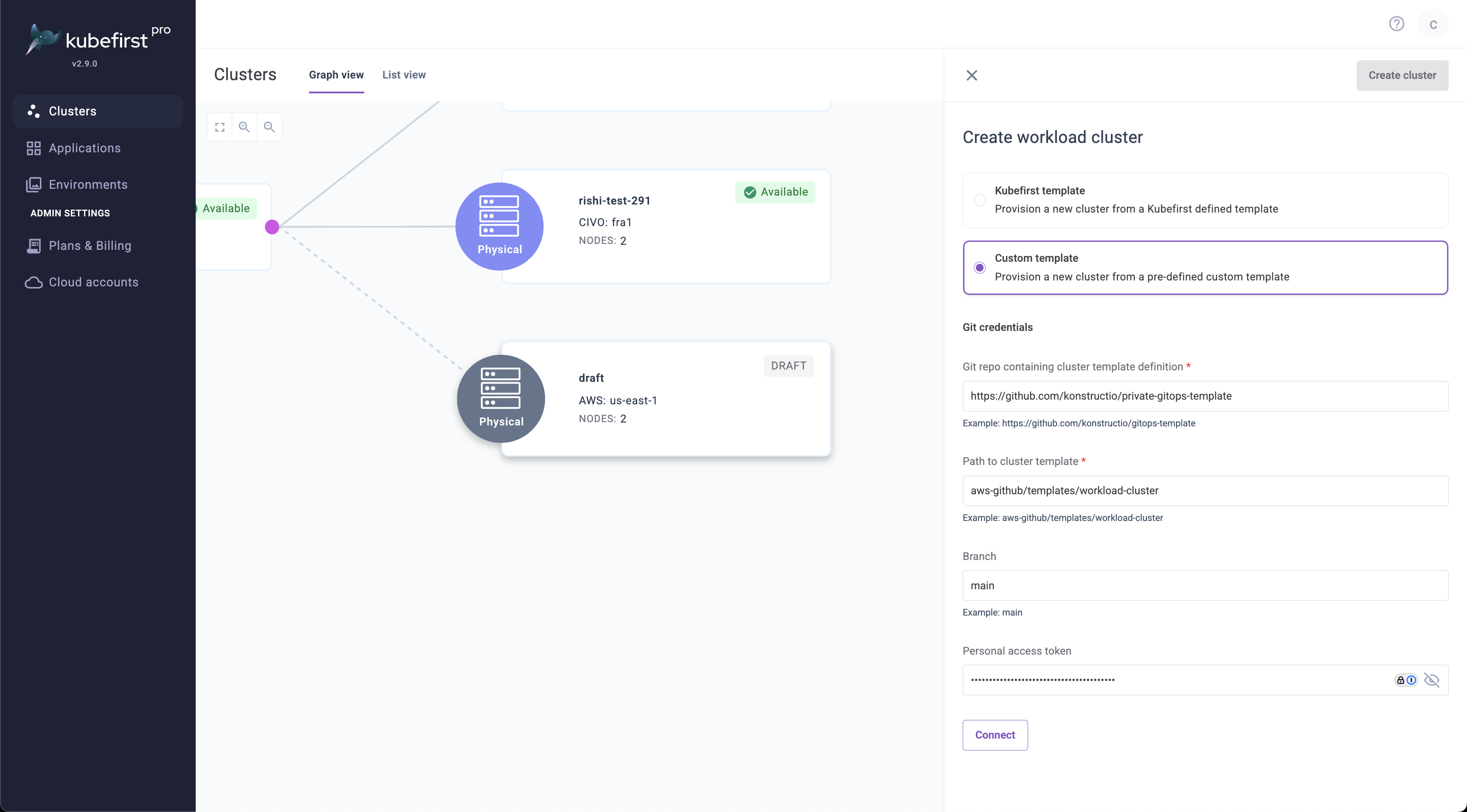 Connect to a custom cluster template