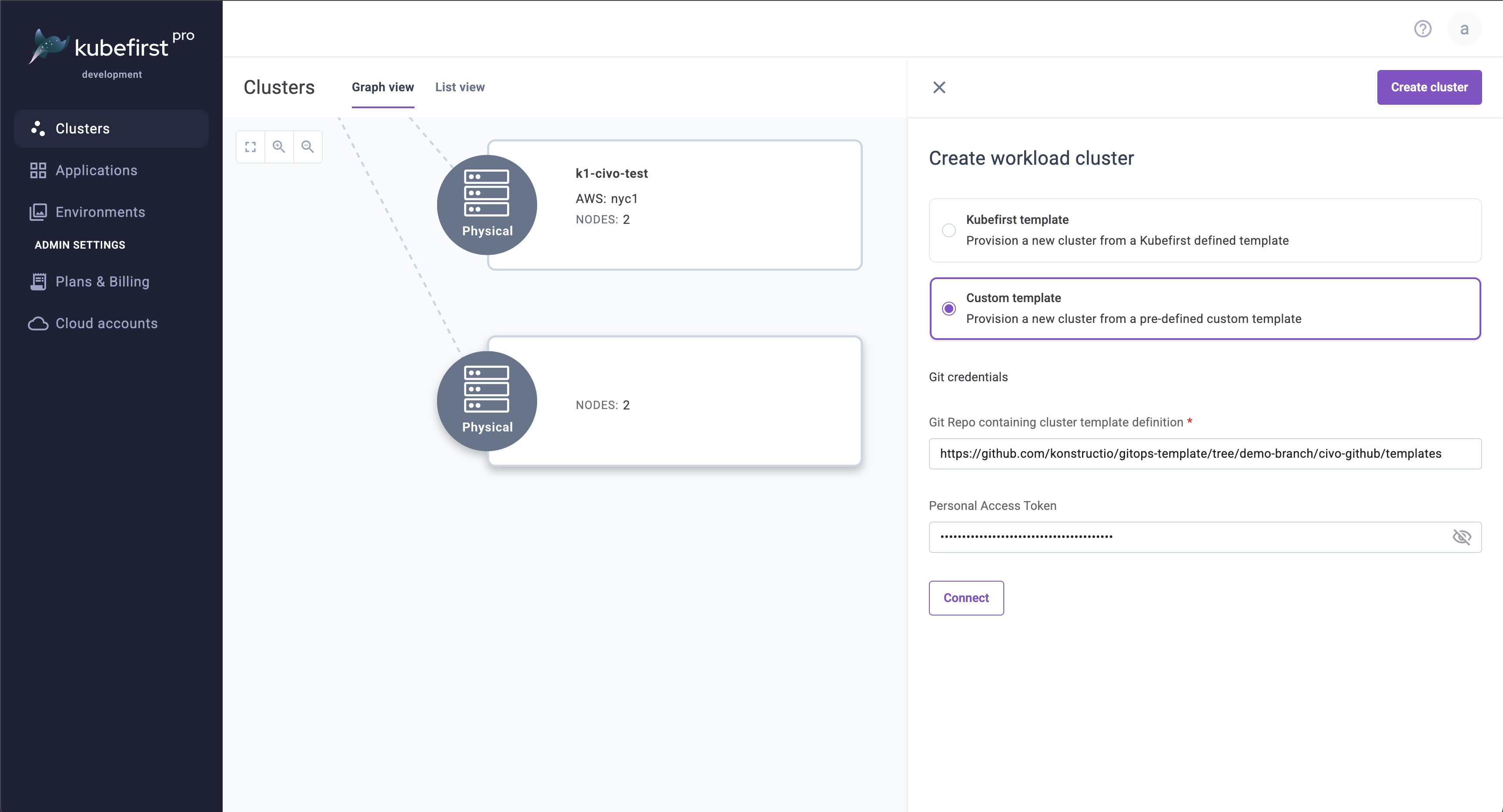 Connect to a custom cluster template